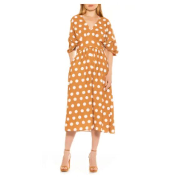Alexia Admor Polka Dot Draped Midi Fit & Flare Dress Brown Pretty Women Derby - Picture 10 of 11